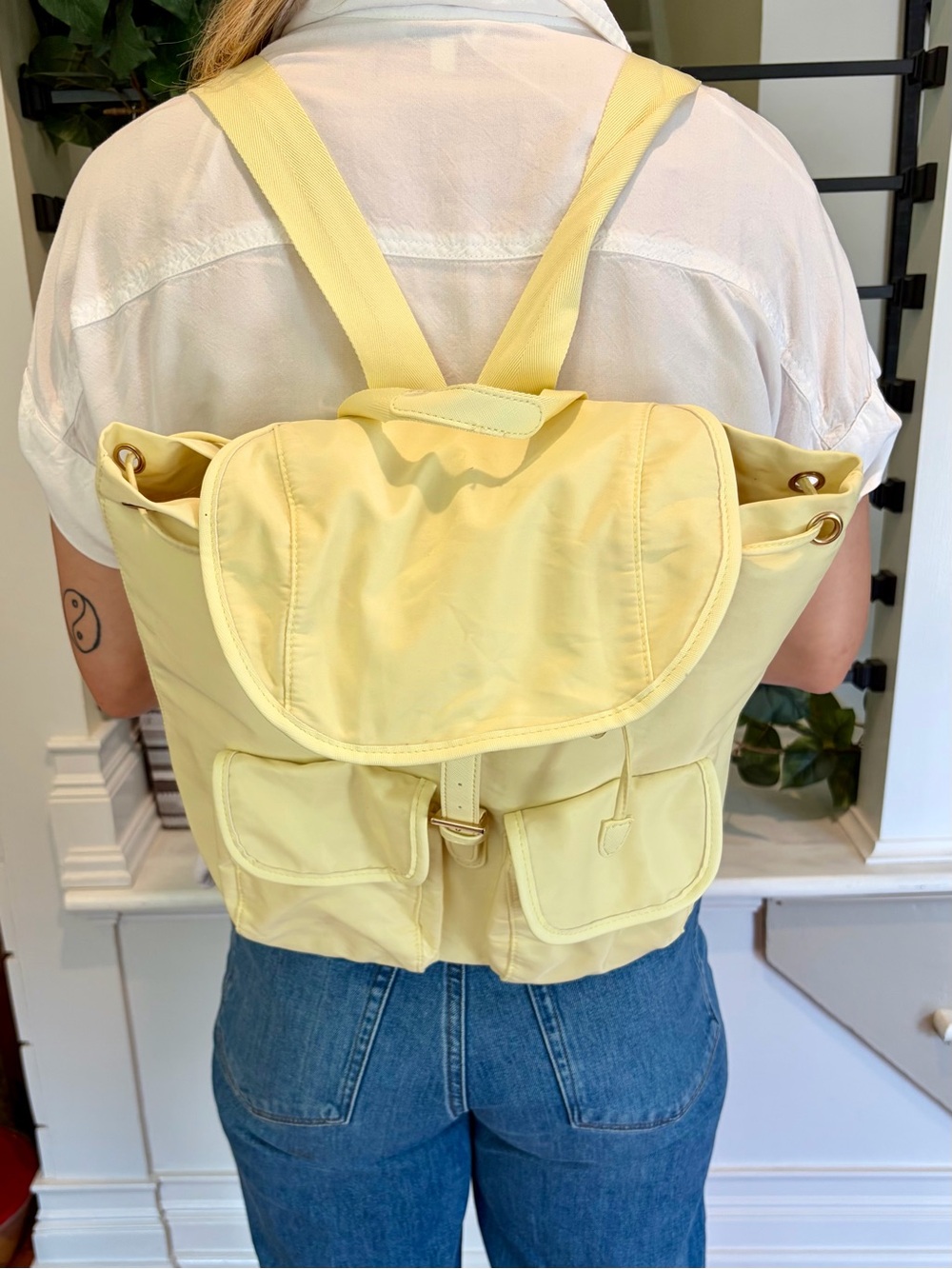 Year of Ours Yellow Nylon Drawstring Backpack Gold Hardware Utility Pockets
